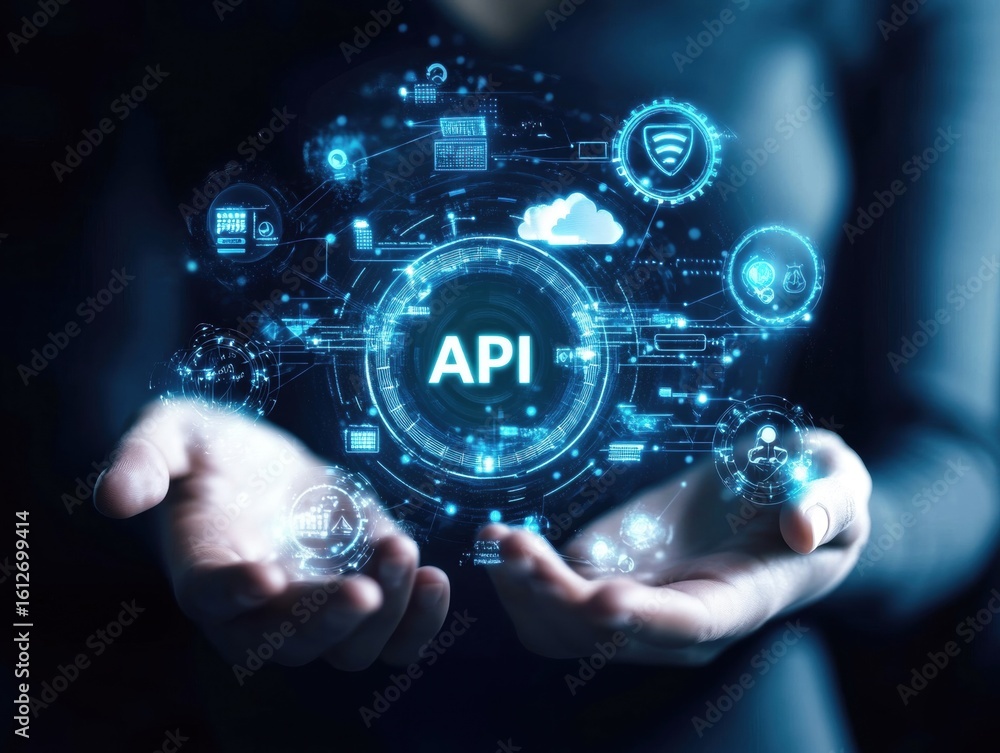 Poster two hands extend outward, displaying a bright, intricate graphic representing api technology. variou