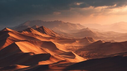 Vast Desert Landscape at Sunset with Dramatic Shadows and Soft Light Over Golden Sand Dunes and Distant Mountains