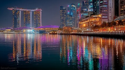 Fototapeta premium Singapore skyline with marina bay sands and city lights reflected in water at night
