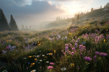 Serene Sunrise Over Vibrant Wildflower Meadow with Morning Mist and Sunlight Illuminating a Peaceful Landscape