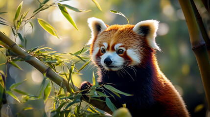 Obraz premium Red Panda Perched Bamboo Stalk Gazing
