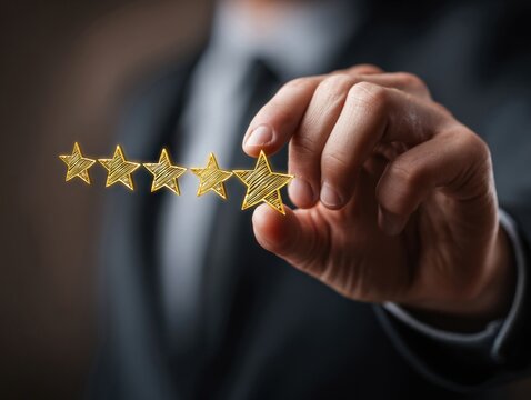 A person in formal attire is holding four golden stars, indicating a rating system. This setting suggests a focus on quality assessment and customer satisfaction in a business context.