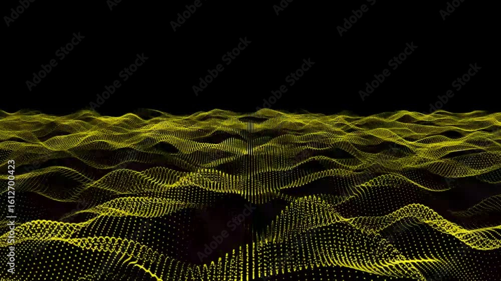 Poster futuristic grid wave of yellow halftone digital dots data smooth seamless animation.