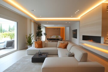 Modern living room with a beige sofa, offering a minimalist design that emphasizes comfort and style. Created with, Generative AI
