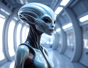 Alien woman in futuristic hallway
