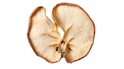 A halved apple showing the core and seeds in a close up view isolated on white background