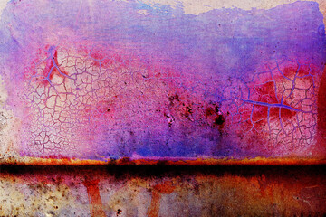  Vibrant Rusted Iron with Orange and Purple Hues.Close-up of a colorful rusted metal sheet with...