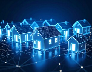 Glowing digital houses connected by network lines