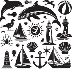 Vintage vector set of nautical and pirate sea travel icons with ship, boat, sun, and lighthouse illustrations, perfect for summer beach vacation patterns or ocean sketches