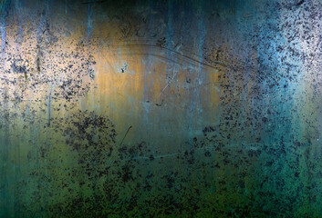 Faded Blue-Gold Rust Texture on Industrial Metal.Beautifully blended faded blue and golden hues on...