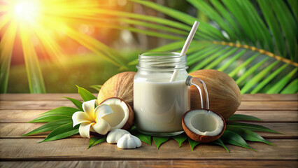 Tropical Coconut Smoothie: Refreshing Drink with Flower on Wooden Table. Healthy Vegan Beverage for Summer, Wellness, and Vacation Vibes