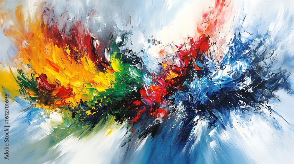 Poster explosive abstract painting with vibrant colors dynamic brushstrokes for visual representation of en