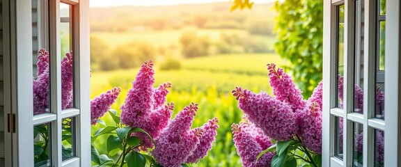 Open white window frame, lilac blooms, lush green landscape visible, fresh, spring