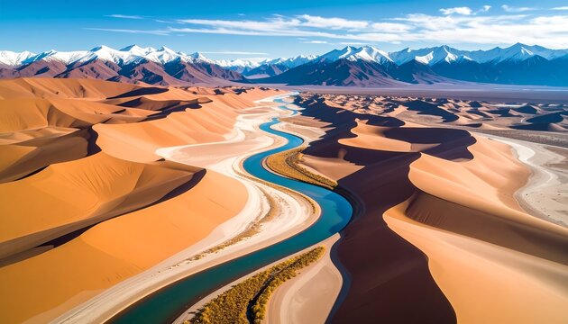 Aerial view of a winding river carving through expansive sand dunes, framed by majestic snow-capped mountains under a vibrant sky