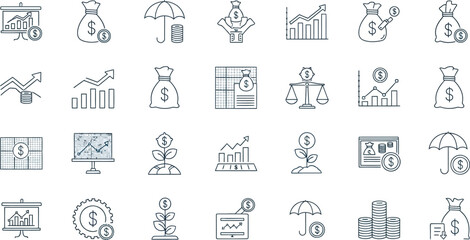 Financial Success, Line Icons Featuring Money and Growth