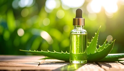 Aloe vera serum on wooden surface