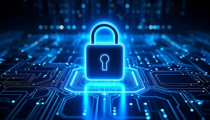 Glowing blue padlock on a circuit board, representing digital security