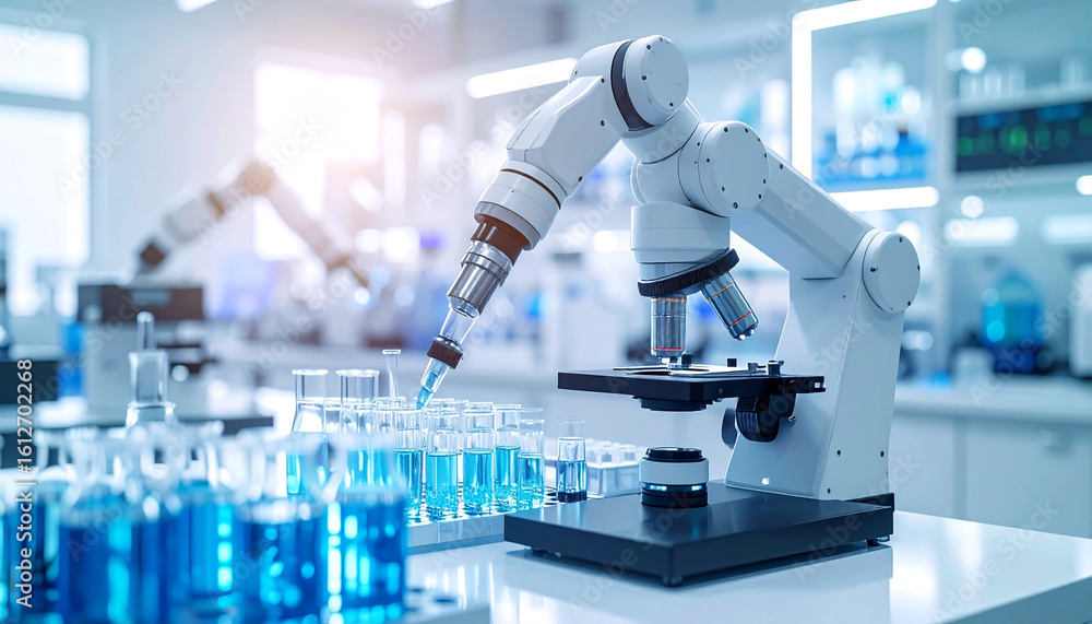 Poster science lab with a robotic arm: an advanced laboratory setting showcasing a robotic arm meticulously