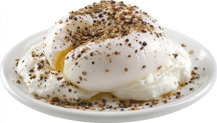 Poached egg topped with a sprinkle of spices on a plate.