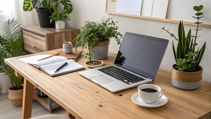 A wooden desk with a laptop, notebook, pen, coffee cup, and several potted plants in a bright room