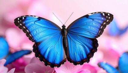 Obraz premium Close-up of a Vibrant Blue Morpho Butterfly on Pink Flowers