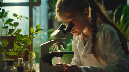 A young girl in a lab coat looking through a microscope surrounded by plants in a bright room