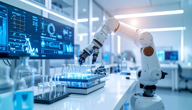Robotic Arm in Science Lab: A state-of-the-art robotic arm meticulously manipulates scientific equipment in a clean, high-tech laboratory setting. - Powered by Adobe