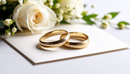 Golden Wedding Rings on Envelope with White Roses and Floral Details