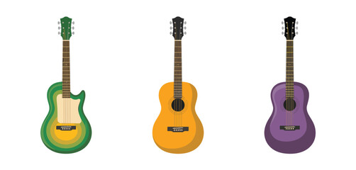 Fototapeta premium Three colorful acoustic and electric guitars on white background