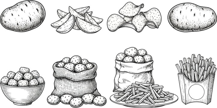 Delicious potato variety sketch from farm fresh to crispy fries