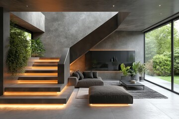 Modern interior with a staircase, incorporating architectural elements for a seamless living space. Created with, Generative AI