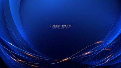 Fototapeta na wymiar Elegant abstract blue background with golden curves, flowing waves, glitter, and light trails effect