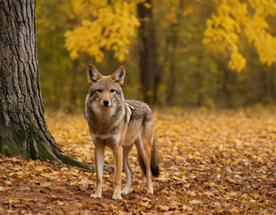 Fototapeta premium A coyote in nature during the fall. A natural forest background. coyote in the forest.