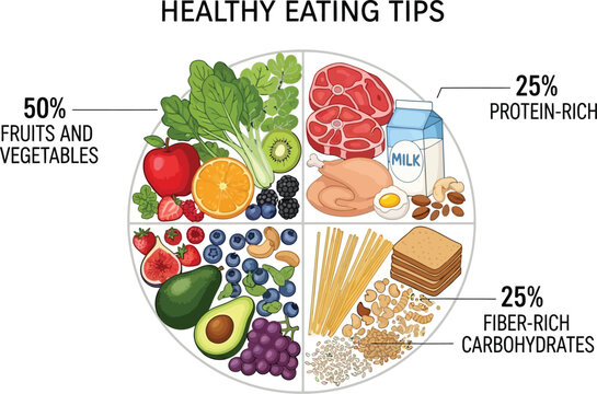 Balanced healthy eating guide with food groups for optimal nutrition