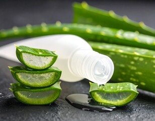 Aloe vera slices and liquid on dark stone