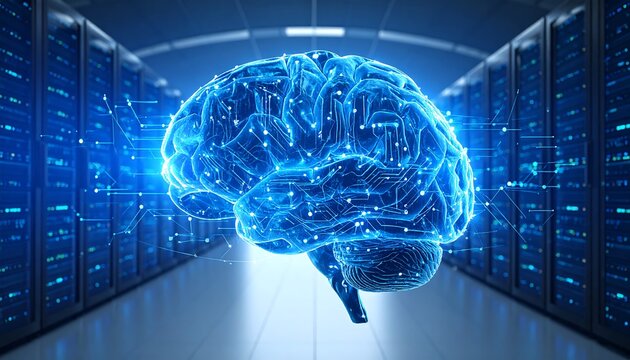 Brain in a server room, futuristic concept
