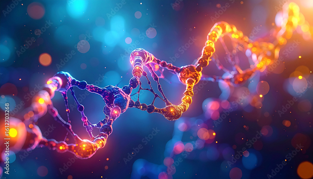 Aufkleber dna strand in vibrant hues: a dazzling, macro view reveals a luminous double helix of a dna strand, 