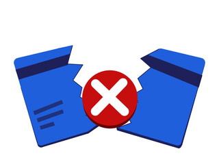 Payment failed with broken card and red cross sign. Transaction error concept. Unsuccessful payment alert in flat cartoon style.