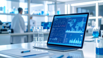 Analysis and Innovation: A modern laboratory setting, featuring a laptop displaying complex data visualizations amidst scientific equipment, embodies the essence of research and progress.