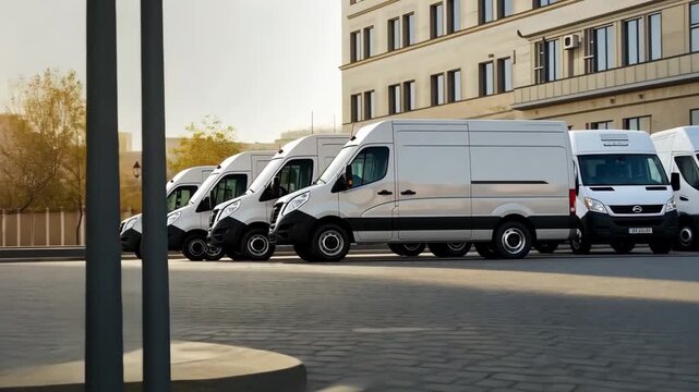 A fleet of shiny white delivery vans, complete with place for company logos, is lined up and ready for efficient and timely deliveries, parked in a storage lot on a sunny day.