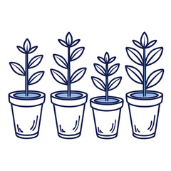 Four potted plants showing growth stages in a simple line drawing