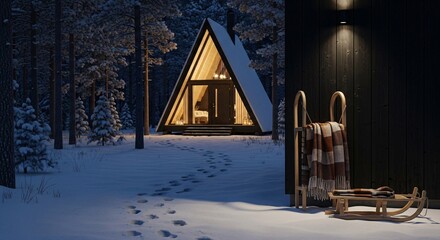 A frame cabin in winter wonderland: cozy retreat in snowy landscape for holiday vacation rental
