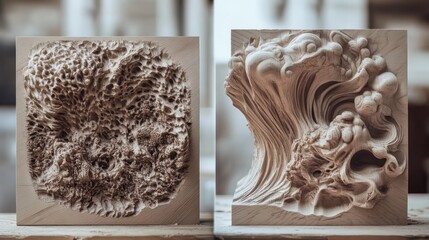 Intricate wooden sculptures: porous organic form and dynamic wave carving