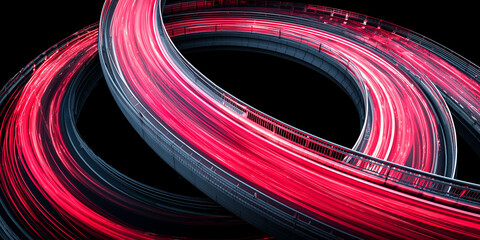 Curved highway interchange with red light trails at night