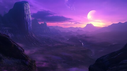 Alien landscape with towering structures and a glowing moon at sunset