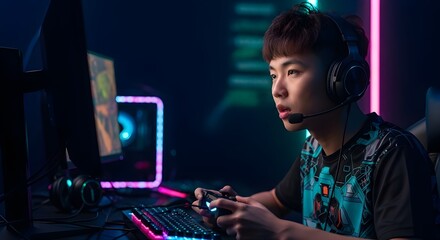 Focused Korean Male Gamer in Neon Gaming Room