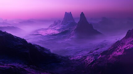 Mystical purple mountain landscape with ethereal fog and dramatic peaks