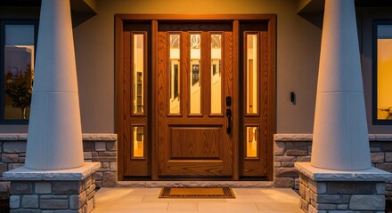 Beautiful wood front door with sidelights and stone pillars home entrance design and architecture style