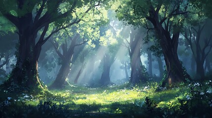 Obraz premium sun-drenched forest with rays of light piercing through leaves for magical atmosphere showcasing nature beauty warm tones dreamlike woodland concept.