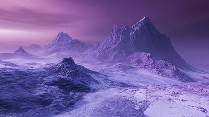 Mystical purple alien landscape with jagged icy mountains and fog